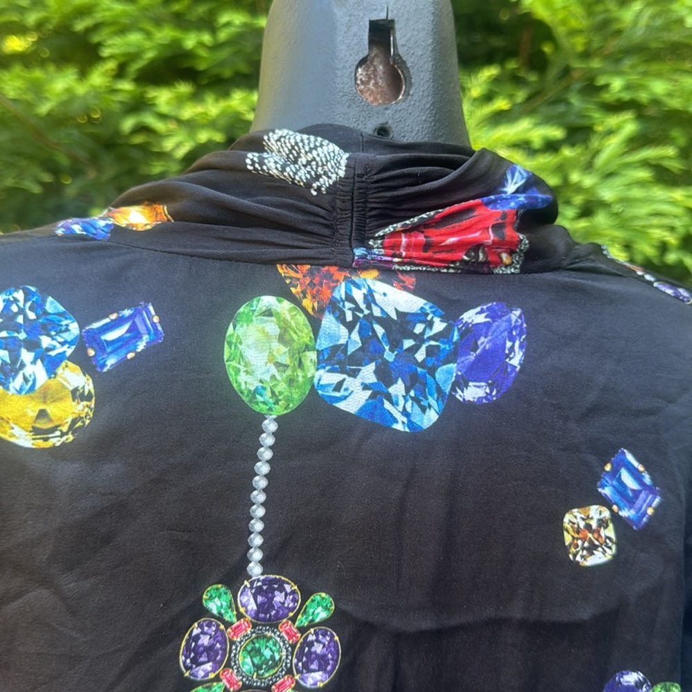 Jewel Printed Silk Waterfall Neckline Long sleeve Top Mob Wife Italian Lux Sz L - Picture 3 of 9